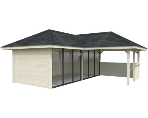 Holzgartenhaus mit schwarzem Dach