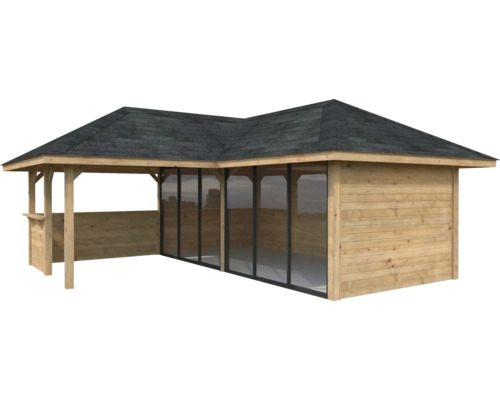 Holzpavillon mit Dach und Fensterelementen