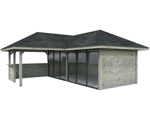 Holzgartenhaus mit Überdachung und Fenstern