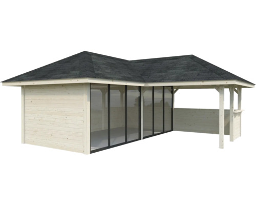 Gartenhaus mit Schiebetüren, Holzwänden und Dachpappe