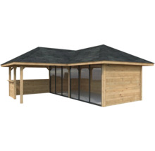 Holzgartenhaus mit Dach und Glasschiebetüren