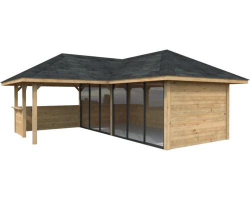 Holzgartenhaus mit Dach und Glasschiebetüren