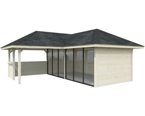Holzgartenhaus mit Dach und Glasschiebetüren