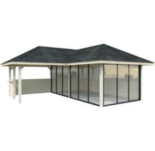 Gartenoase mit Holzkonstruktion, Dach und Seitenwänden für den Außenbereich
