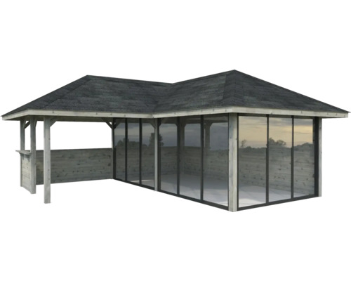 Holz Pavillon mit Glaswänden und Dach