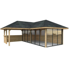 Holzpavillon mit Dach und Glaswänden