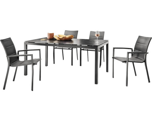 Gartentischgruppe mit vier Stühlen aus Metall und Textil