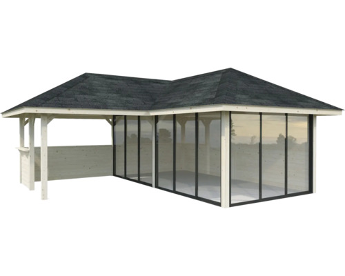 Holzpavillon mit Dach und Glasschiebewänden