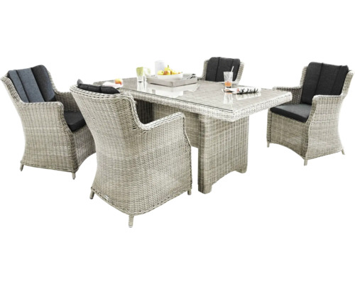 Gartentischgruppe mit vier Rattan Stühlen und Glasplatte