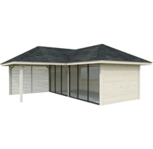 Holz Pavillon mit Glas und Lamellenwänden
