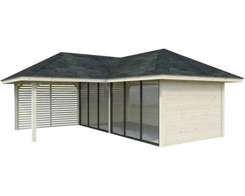 Holz Pavillon mit Glas und Lamellenwänden