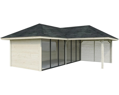 Gartenhaus mit Holzverkleidung, Glasschiebetüren und überdachter Terrasse