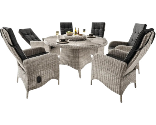 Gartenmöbelset mit rundem Tisch und sechs Stühlen aus Rattan