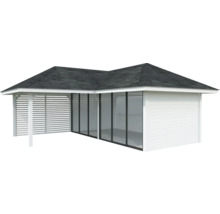 Gartenhaus mit Lamellenwand, Glasschiebetüren und Dach