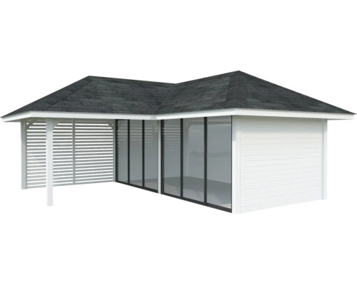 Gartenhaus mit Lamellenwand, Glasschiebetüren und Dach