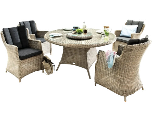 Gartensitzgruppe mit rundem Tisch und vier Stühlen aus Rattan