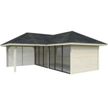 Gartenhaus mit Lamellenwand, Glasfront und Dachpappe