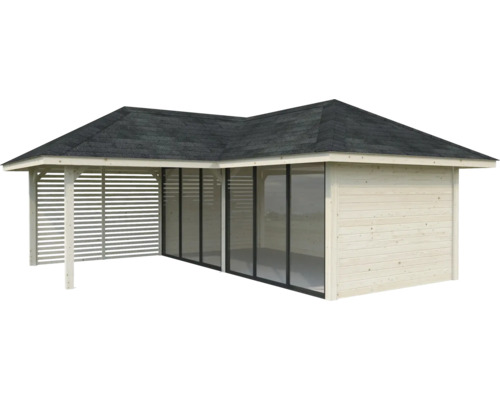 Gartenhaus mit Lamellenwand, Glasfront und Dachpappe