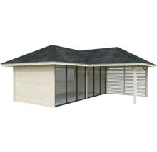 Holzpavillon mit Dach, Glaswänden und Lamellenwand
