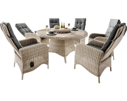 Gartensitzgruppe mit Korbtisch, Drehteller und Korbsesseln mit Polsterauflagen