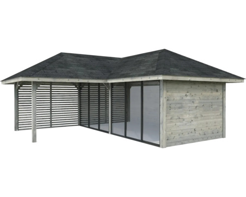 Gartenpavillon mit Lamellenwänden und geschlossenem Bereich