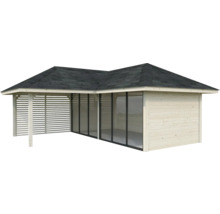 Gartenhaus mit Holzverkleidung, Fensterfront und Dachpappe