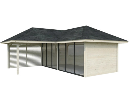 Gartenhaus mit Holzverkleidung, Fensterfront und Dachpappe
