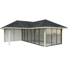 Gartenpavillon aus Holz mit Glas- und Lamellenwänden