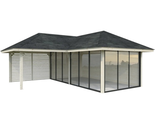 Gartenpavillon aus Holz mit Glas- und Lamellenwänden