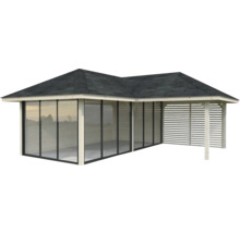 Gartenpavillon mit Glasschiebetüren und Lamellenwand