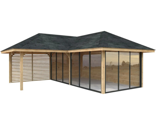 Holzpavillon mit Dach, Seitenwänden und Fenstern