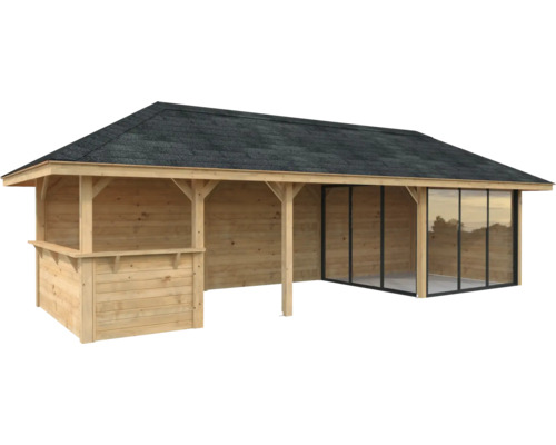Holzgartenhaus mit Schiebetüren und Dach