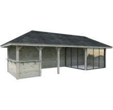 Gartenhaus aus Holz mit Glasfront und Dachpappe