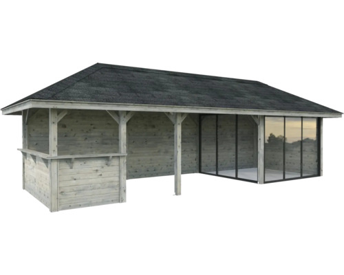 Gartenhaus aus Holz mit Glasfront und Dachpappe