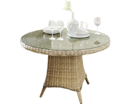 Runder Gartentisch mit Glasplatte und Rattanoptik