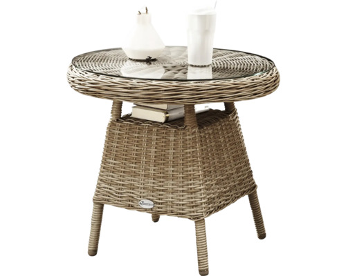 Gartentisch aus Rattan mit Glasplatte und Ablage