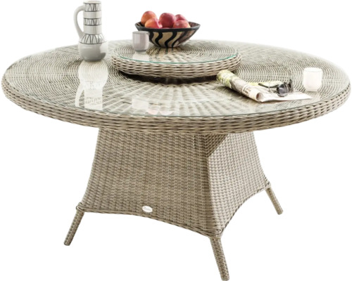 Gartentisch mit Rattanoptik, Glasplatte und runder Form für den Außenbereich