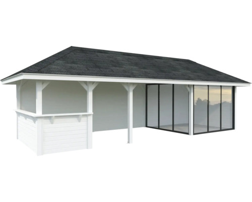 Gartenpavillon mit Schiebetüren und Satteldach