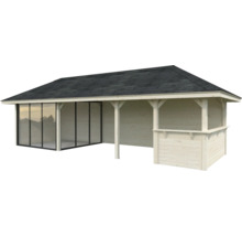 Holzpavillon mit Glasfront und Dach