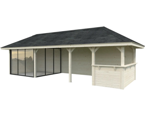 Holzpavillon mit Glasfront und Dach