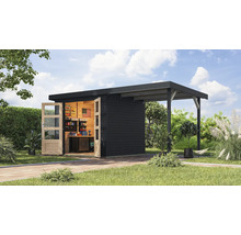Gartenhaus mit Vordach, Werkbank und Dekoration im Garten