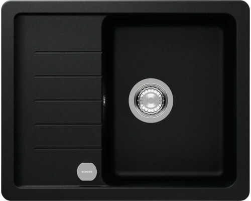 Schwarze Küchenspüle mit Abtropffläche und Schock Logo