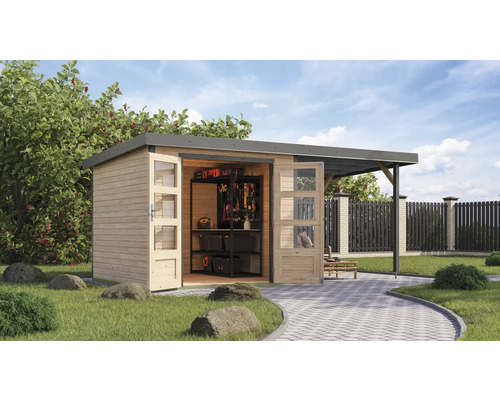Gartenhaus Karibu Metalwood 3,5A Blech graualu inkl. Anbaudach 2,35 m 486,5 x 266,5 cm natur Gartenhaus Karibu Metalwood 3,5A Blech graualu inkl. Anbaudach 2,35 m 486,5 x 266,5 cm natur