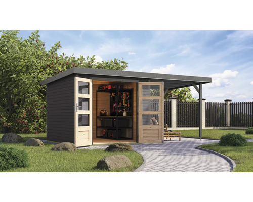 Gartenhaus Karibu Metalwood 3,5B Blech graualu inkl. Anbaudach 2,35 m 486,5 x 266,5 cm terragrau Gartenhaus Karibu Metalwood 3,5B Blech graualu inkl. Anbaudach 2,35 m 486,5 x 266,5 cm terragrau