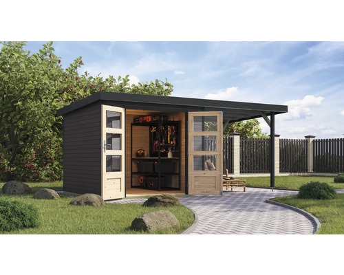 Gartenhaus Karibu Metalwood 3,5B Blech anthrazit inkl. Anbaudach 2,35 m 486,5 x 266,5 cm terragrau Gartenhaus Karibu Metalwood 3,5B Blech anthrazit inkl. Anbaudach 2,35 m 486,5 x 266,5 cm terragrau