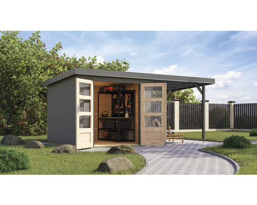 Gartenhaus Karibu Metalwood 3,5D Blech graualu inkl. Anbaudach 2,35 m 486,5 x 266,5 cm wassergrau Gartenhaus Karibu Metalwood 3,5D Blech graualu inkl. Anbaudach 2,35 m 486,5 x 266,5 cm wassergrau