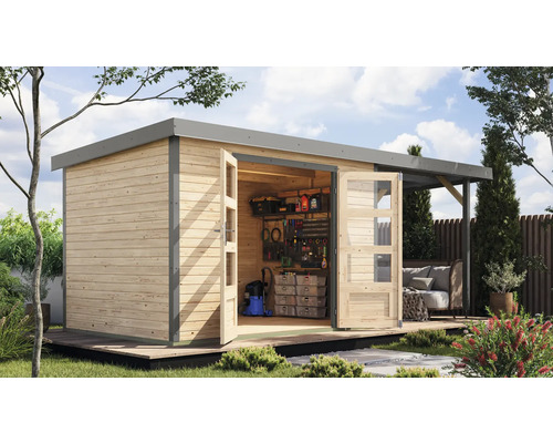 Gartenhaus Karibu Metalwood 4A Blech graualu inkl. Anbaudach 2,35 m 541,5 x 236,5 cm natur Gartenhaus Karibu Metalwood 4A Blech graualu inkl. Anbaudach 2,35 m 541,5 x 236,5 cm natur