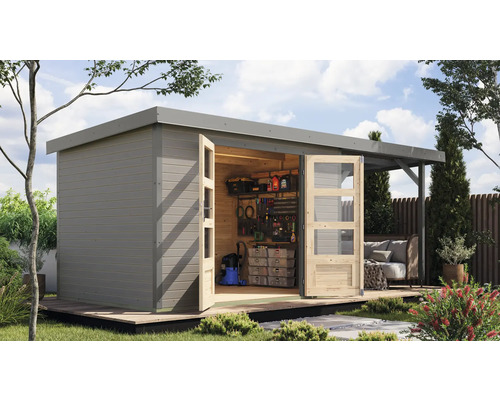 Gartenhaus Karibu Metalwood 4D Blech graualu inkl. Anbaudach 2,35 m 541,5 x 236,5 cmm wassergrau Gartenhaus Karibu Metalwood 4D Blech graualu inkl. Anbaudach 2,35 m 541,5 x 236,5 cmm wassergrau