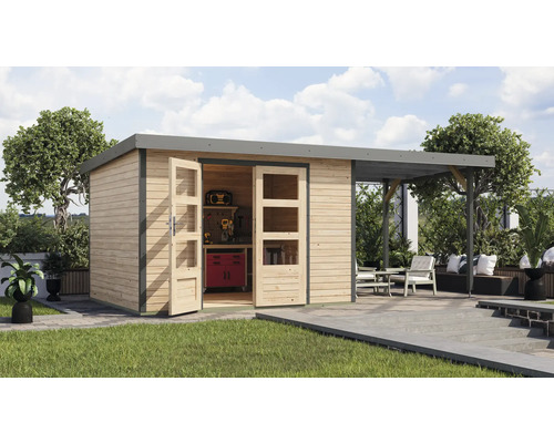 Gartenhaus Karibu Metalwood 5A Blech graualu inkl. Anbaudach 2,35 m 541,5 x 266,5 cm natur Gartenhaus Karibu Metalwood 5A Blech graualu inkl. Anbaudach 2,35 m 541,5 x 266,5 cm natur