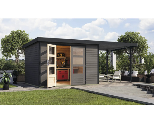 Gartenhaus Karibu Metalwood 5B Blech anthrazit inkl. Anbaudach 2,35 m 541,5 x 266,5 cm terragrau Gartenhaus Karibu Metalwood 5B Blech anthrazit inkl. Anbaudach 2,35 m 541,5 x 266,5 cm terragrau